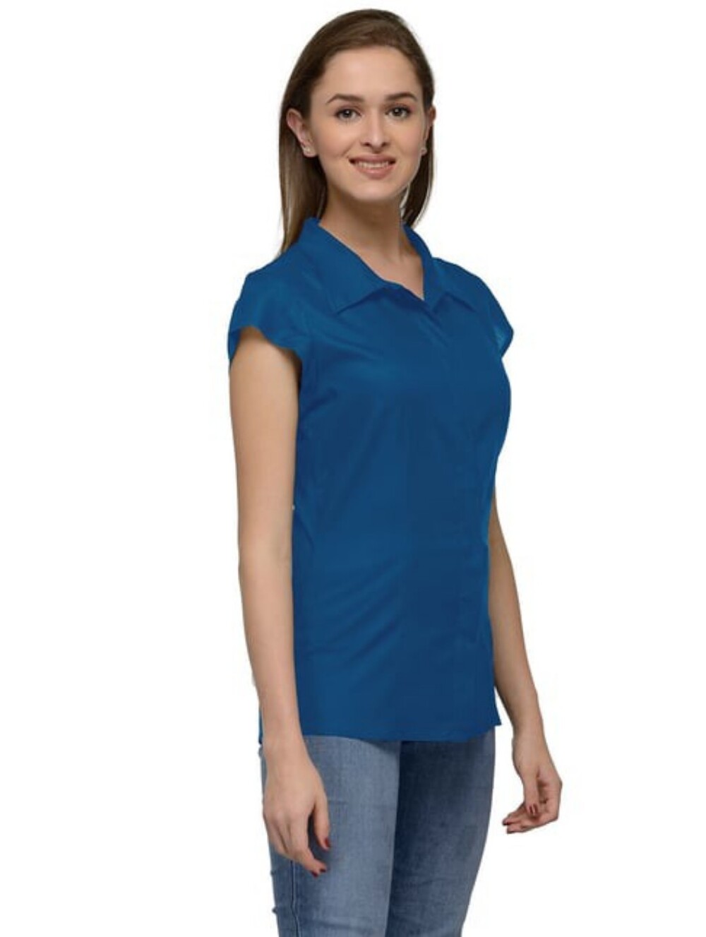 Worthington Royal Blue Cap-Sleeve Button-Down Top